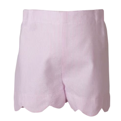 The Yellow Lamb Katie Shorts In Pink Seersucker With Blue Heart Pockets