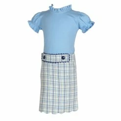 The Yellow Lamb Ada Top In Bellevue Blue Pima Cotton Girls