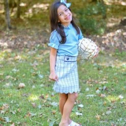 The Yellow Lamb Ada Top In Bellevue Blue Pima Cotton Girls